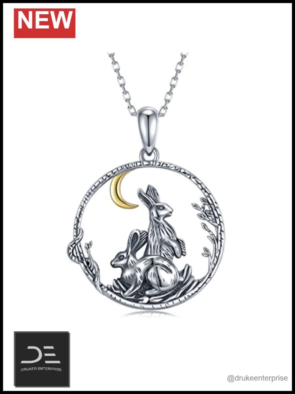 925 Sterling Silver Double Rabbit Pendant Necklace Moon Charm